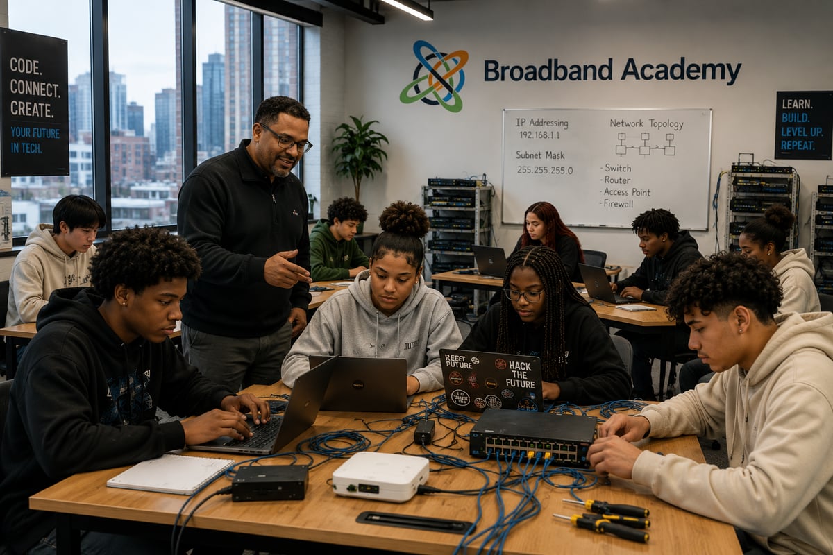 Bill Turner teaching IT skills to Broadband Academy students working on real network equipment.